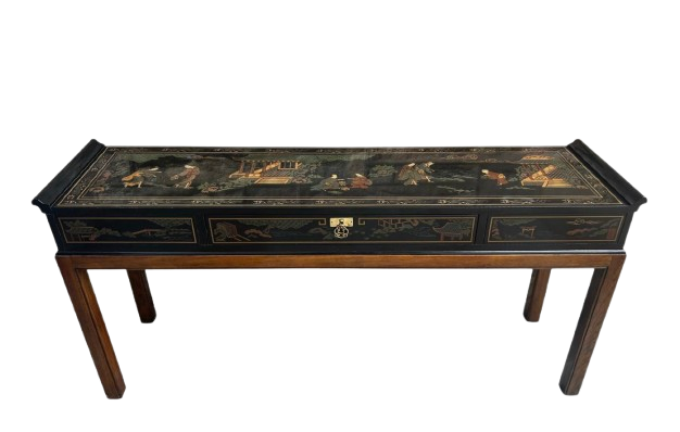 Fabulous Chinoiserie Hand Painted Drexel Black Lacquer Console Table